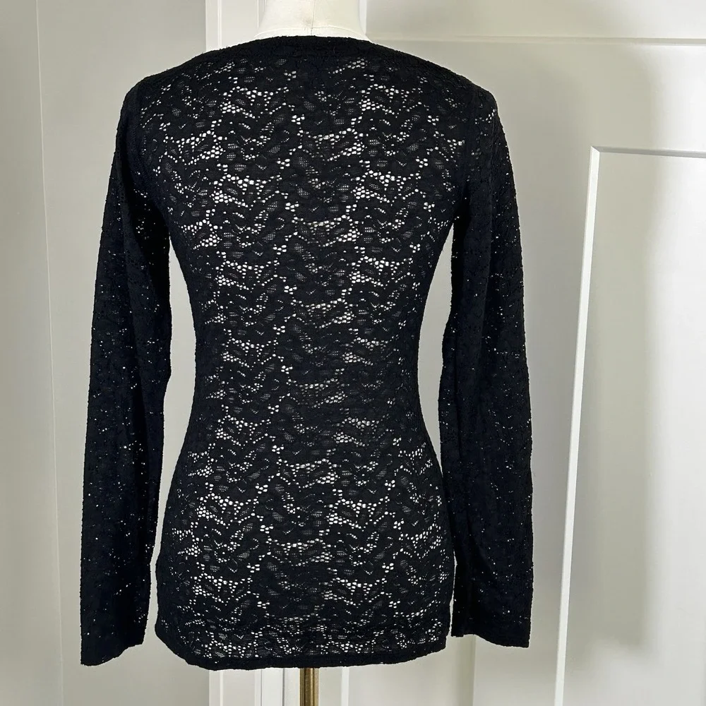 Express Black Floral Stretchy Lace Sheer Top Women's S Long Sleeve Scoop Neck